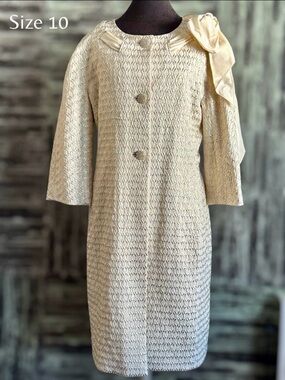 ST JOHN Ivory/Gold Textured Shift Coat Dress with Bow Accent